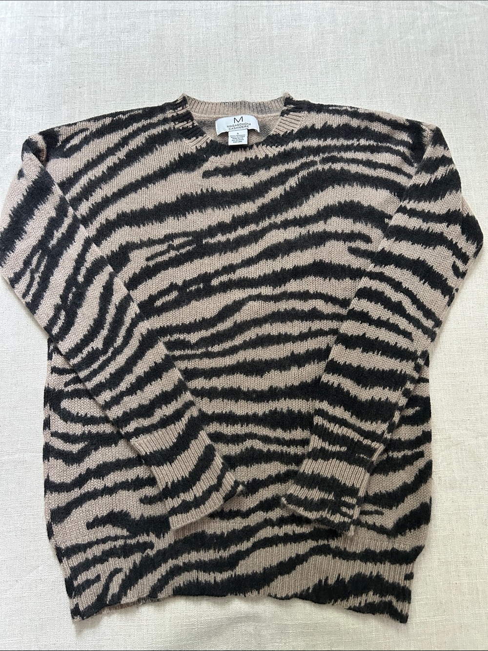 Magaschoni Cashmere Sweater Beige/Black Zebra-Print Crewneck Women's Size Small